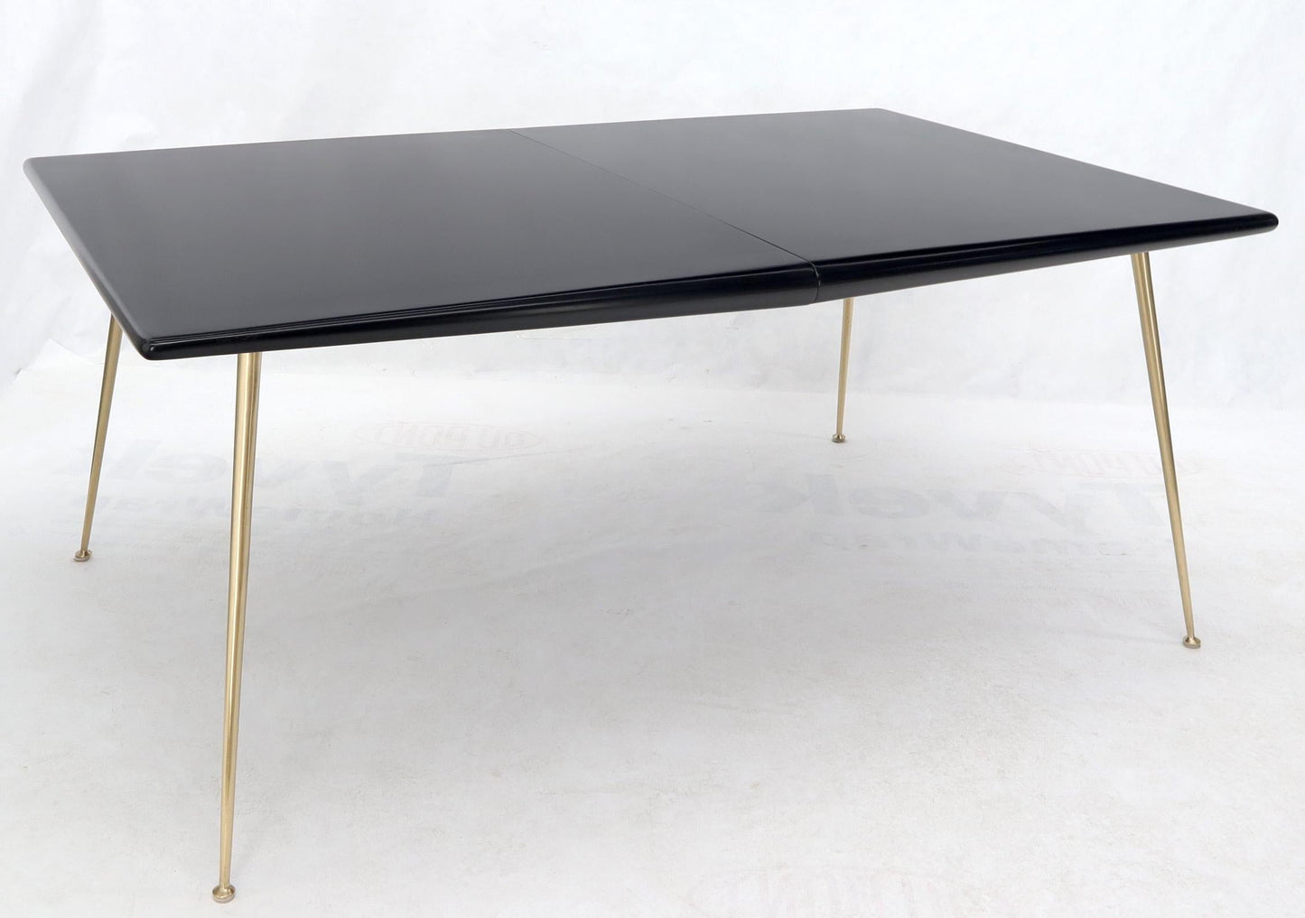 EstablishedLines Black Lacquer Brass Legs Gibbings Dining Table with 1 Extensions Board
