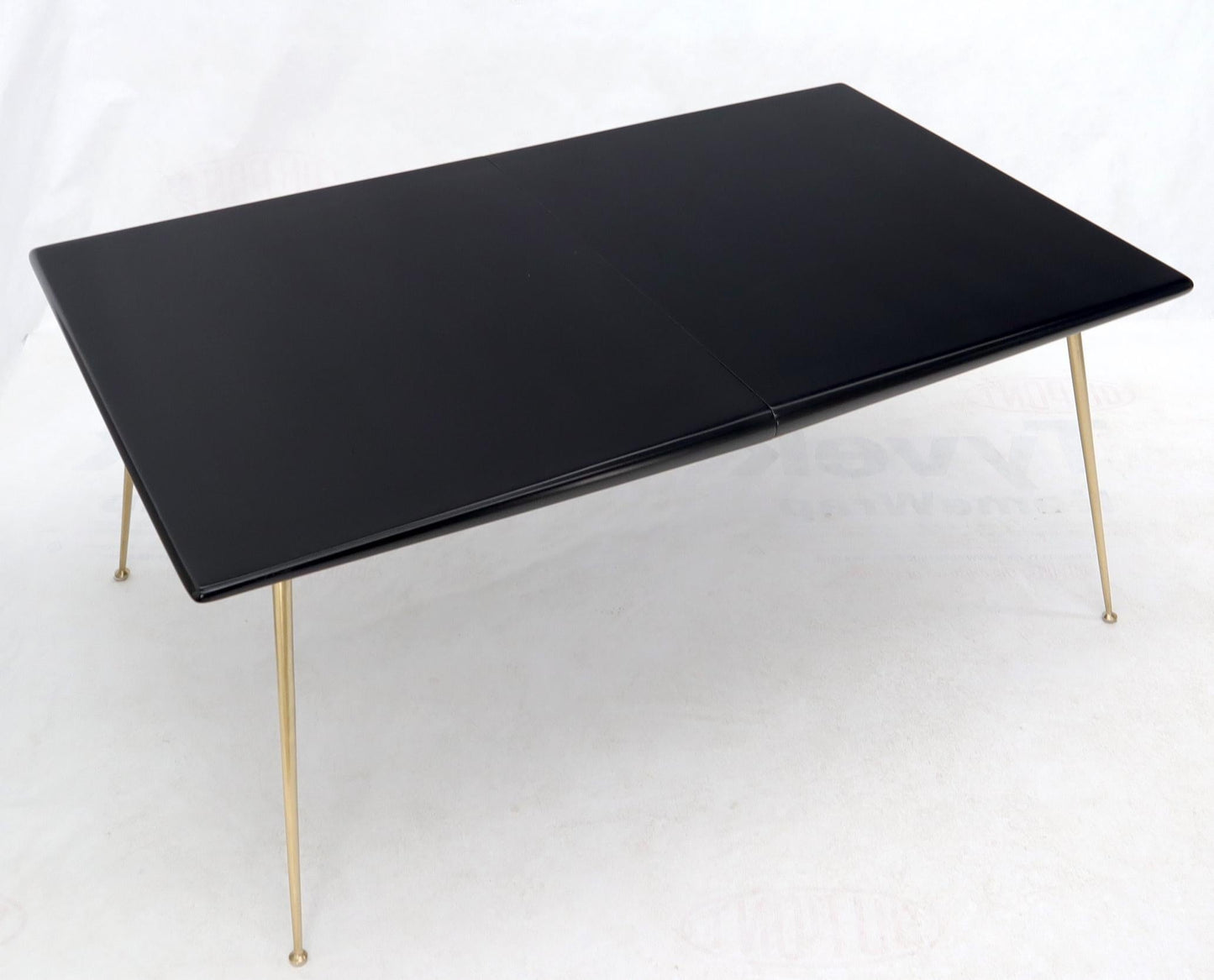 EstablishedLines Black Lacquer Brass Legs Gibbings Dining Table with 1 Extensions Board