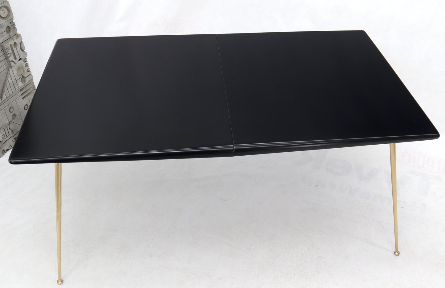 EstablishedLines Black Lacquer Brass Legs Gibbings Dining Table with 1 Extensions Board