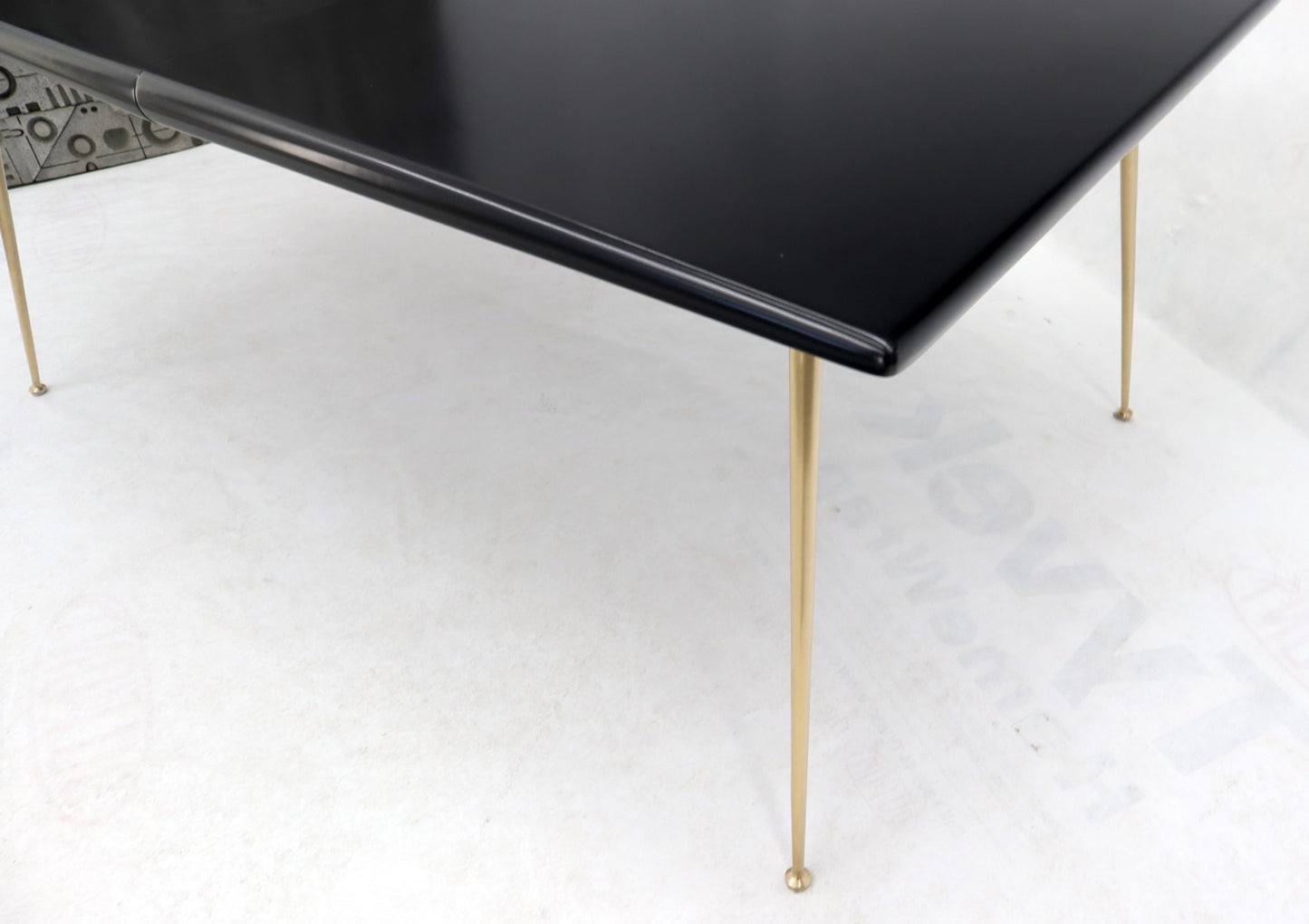 EstablishedLines Black Lacquer Brass Legs Gibbings Dining Table with 1 Extensions Board