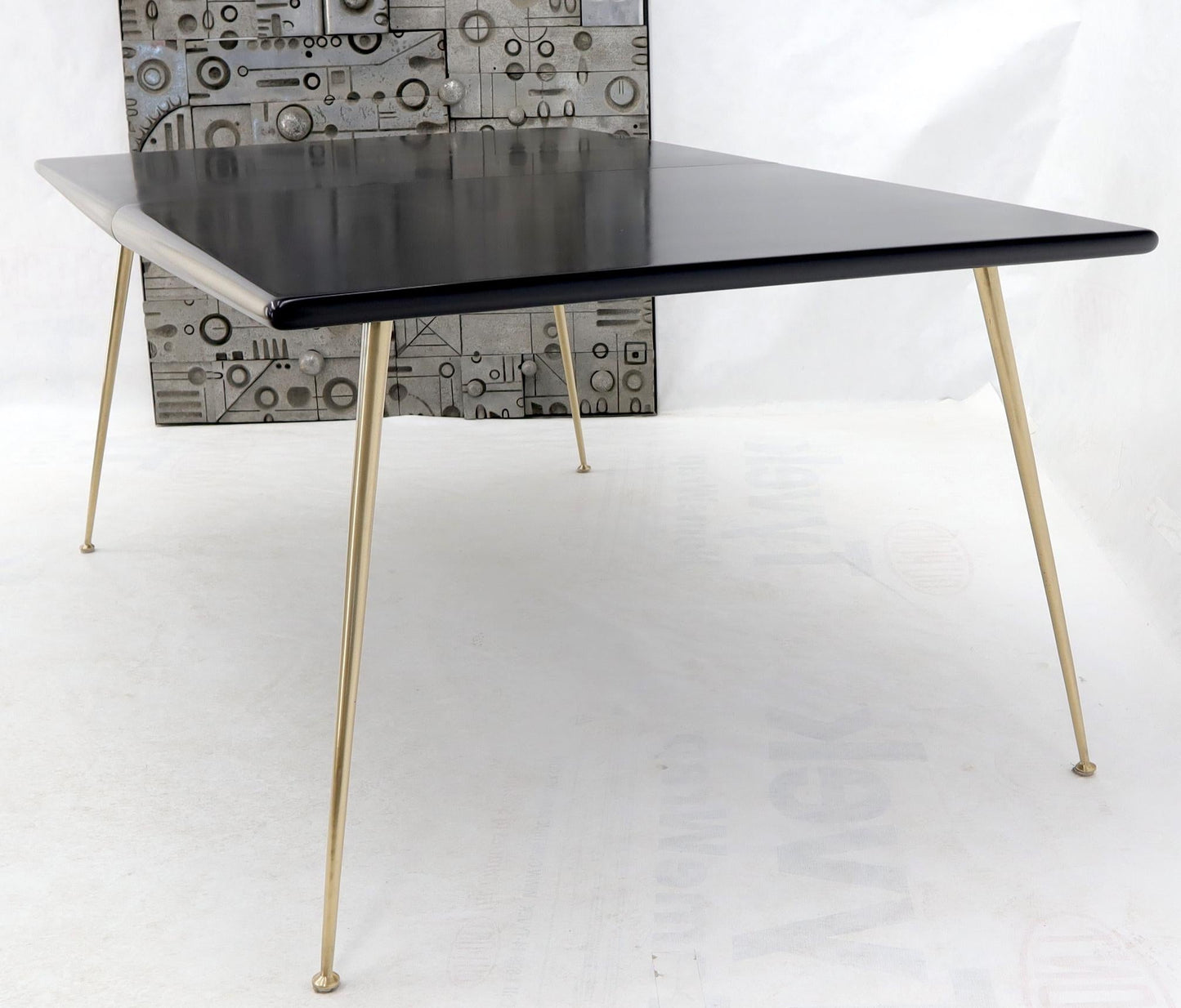 EstablishedLines Black Lacquer Brass Legs Gibbings Dining Table with 1 Extensions Board