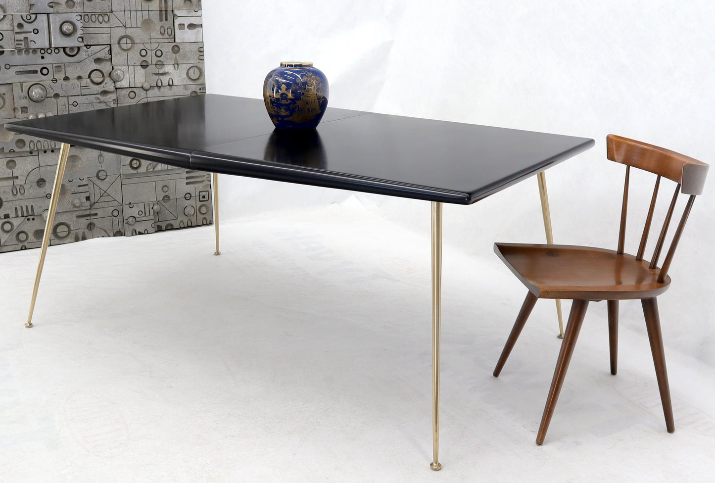 EstablishedLines Black Lacquer Brass Legs Gibbings Dining Table with 1 Extensions Board