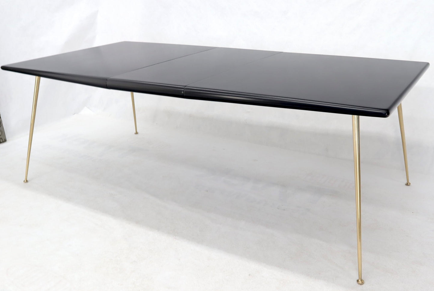 EstablishedLines Black Lacquer Brass Legs Gibbings Dining Table with 1 Extensions Board