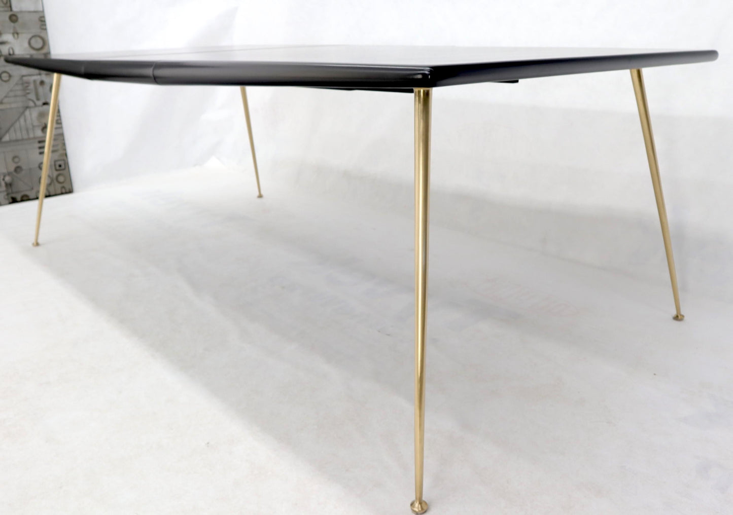 EstablishedLines Black Lacquer Brass Legs Gibbings Dining Table with 1 Extensions Board