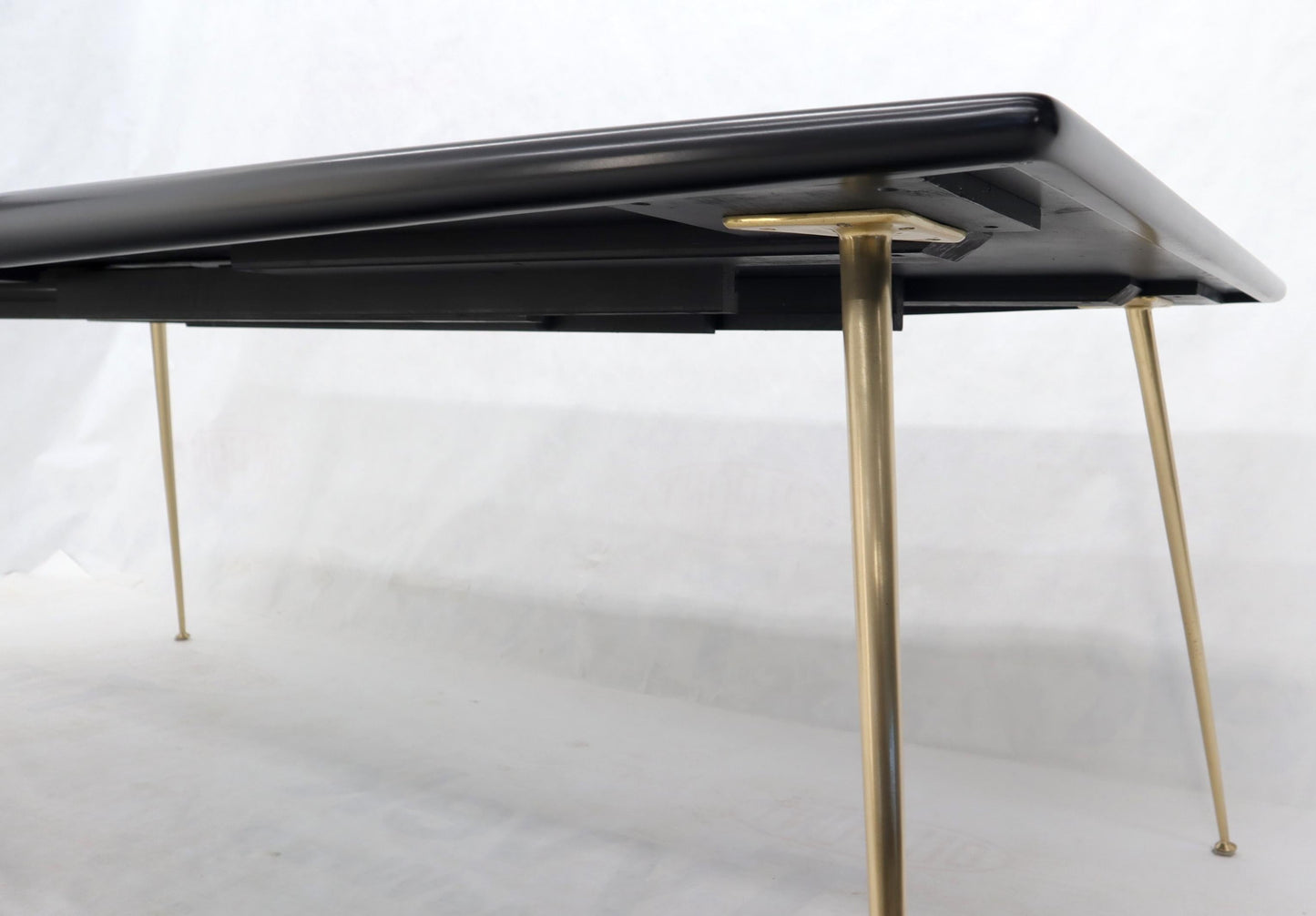 EstablishedLines Black Lacquer Brass Legs Gibbings Dining Table with 1 Extensions Board