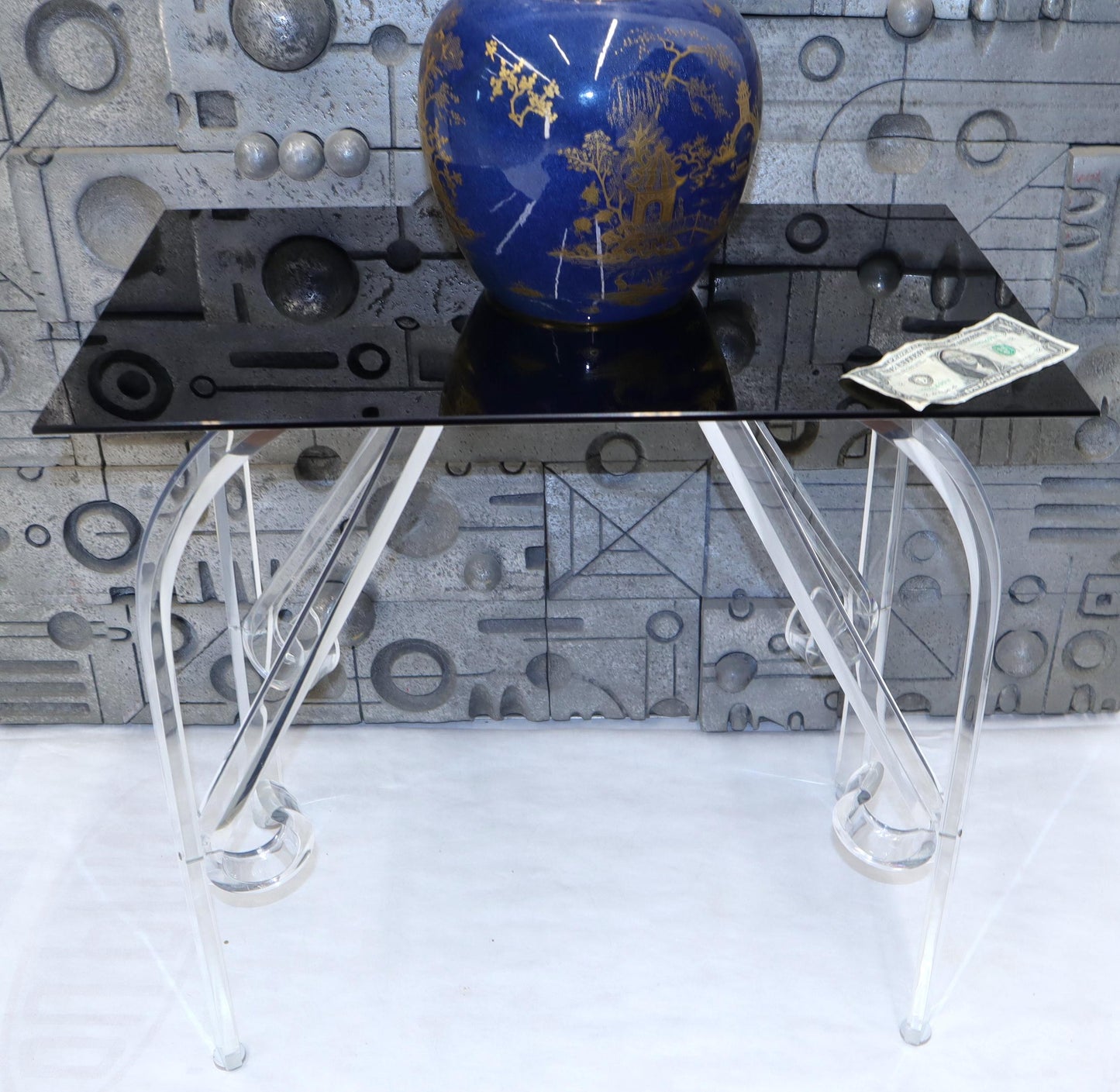 EstablishedLines Bent Lucite Legs Black Smoked Glass Top Side End Table
