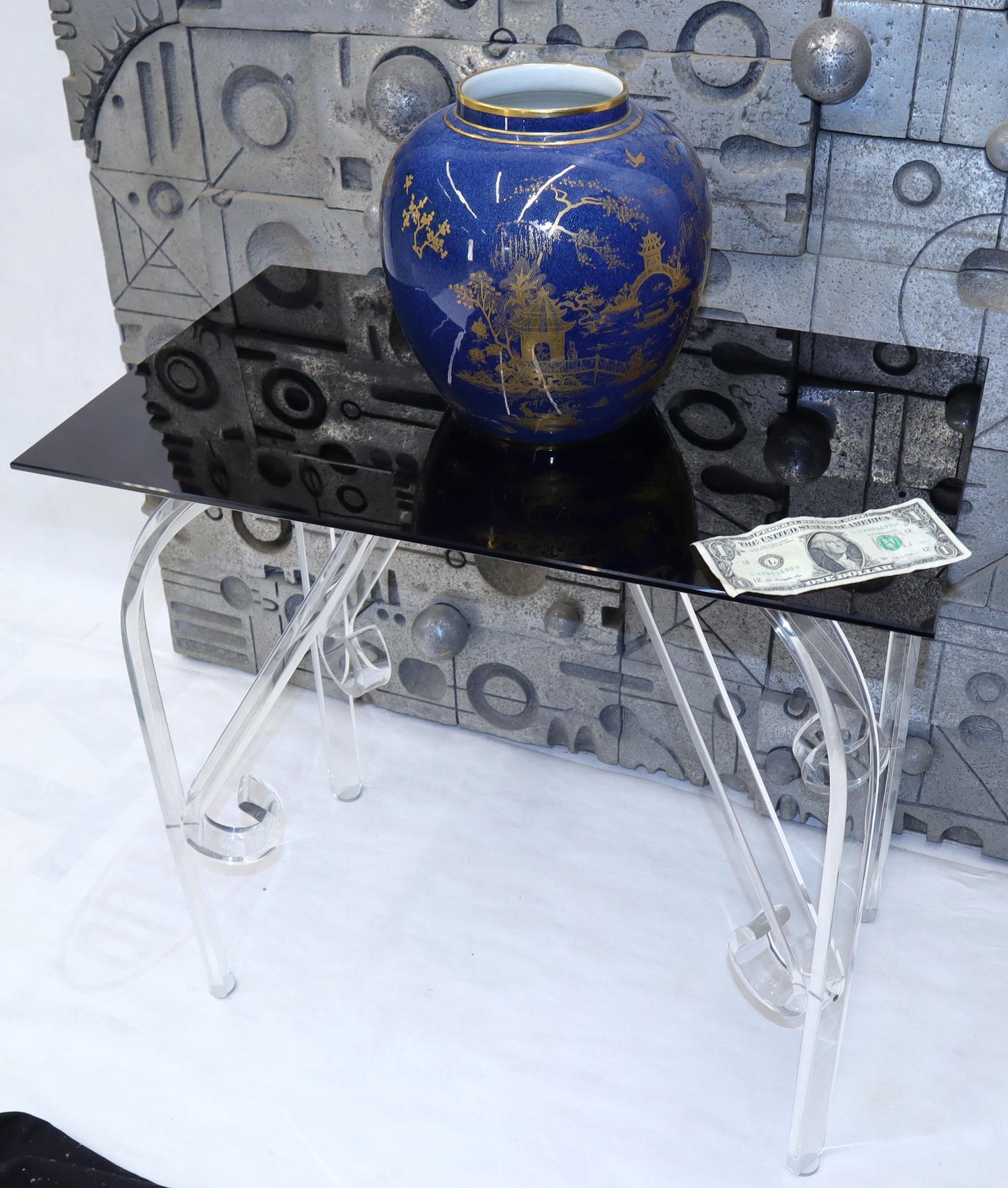 EstablishedLines Bent Lucite Legs Black Smoked Glass Top Side End Table