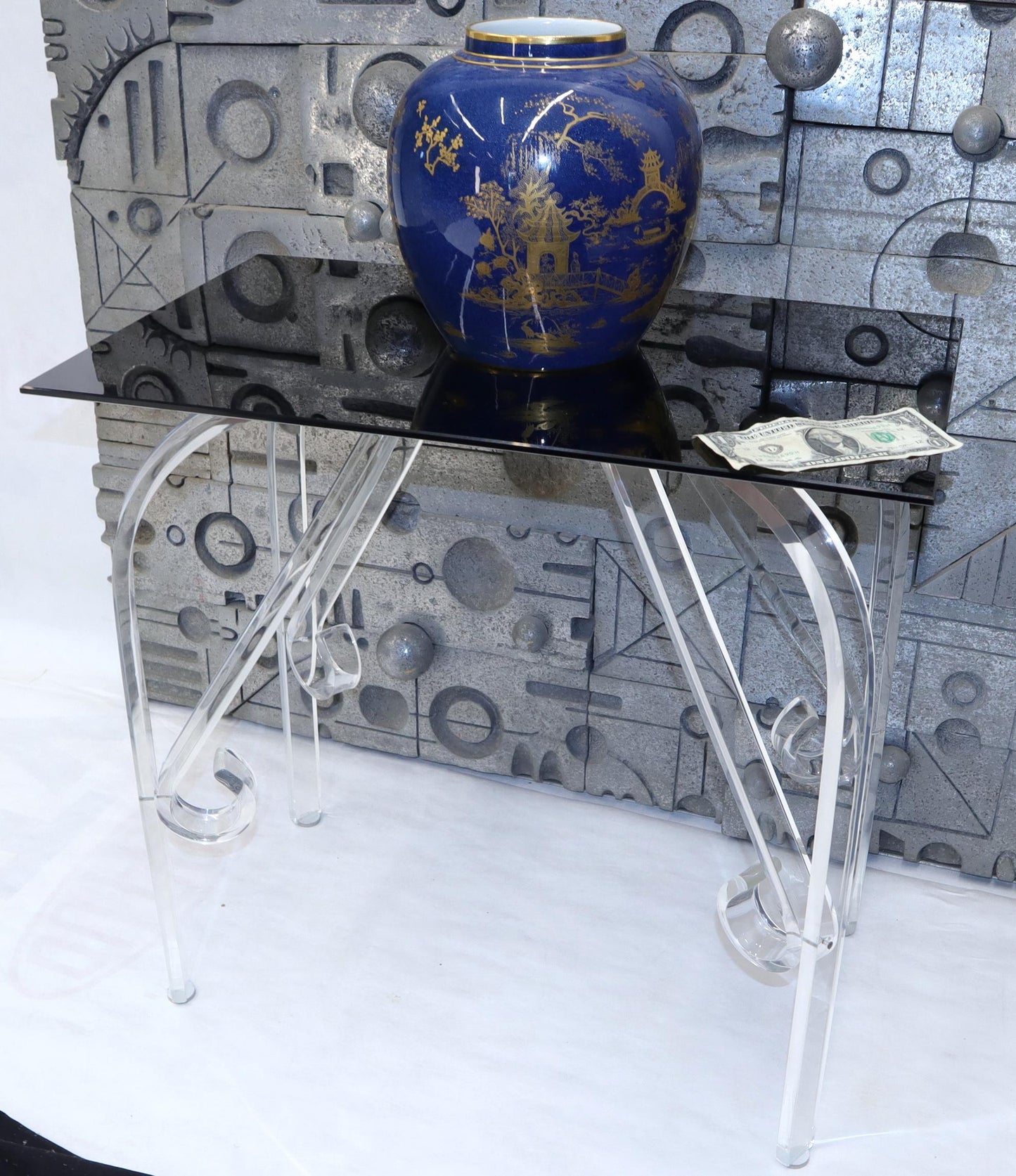 EstablishedLines Bent Lucite Legs Black Smoked Glass Top Side End Table