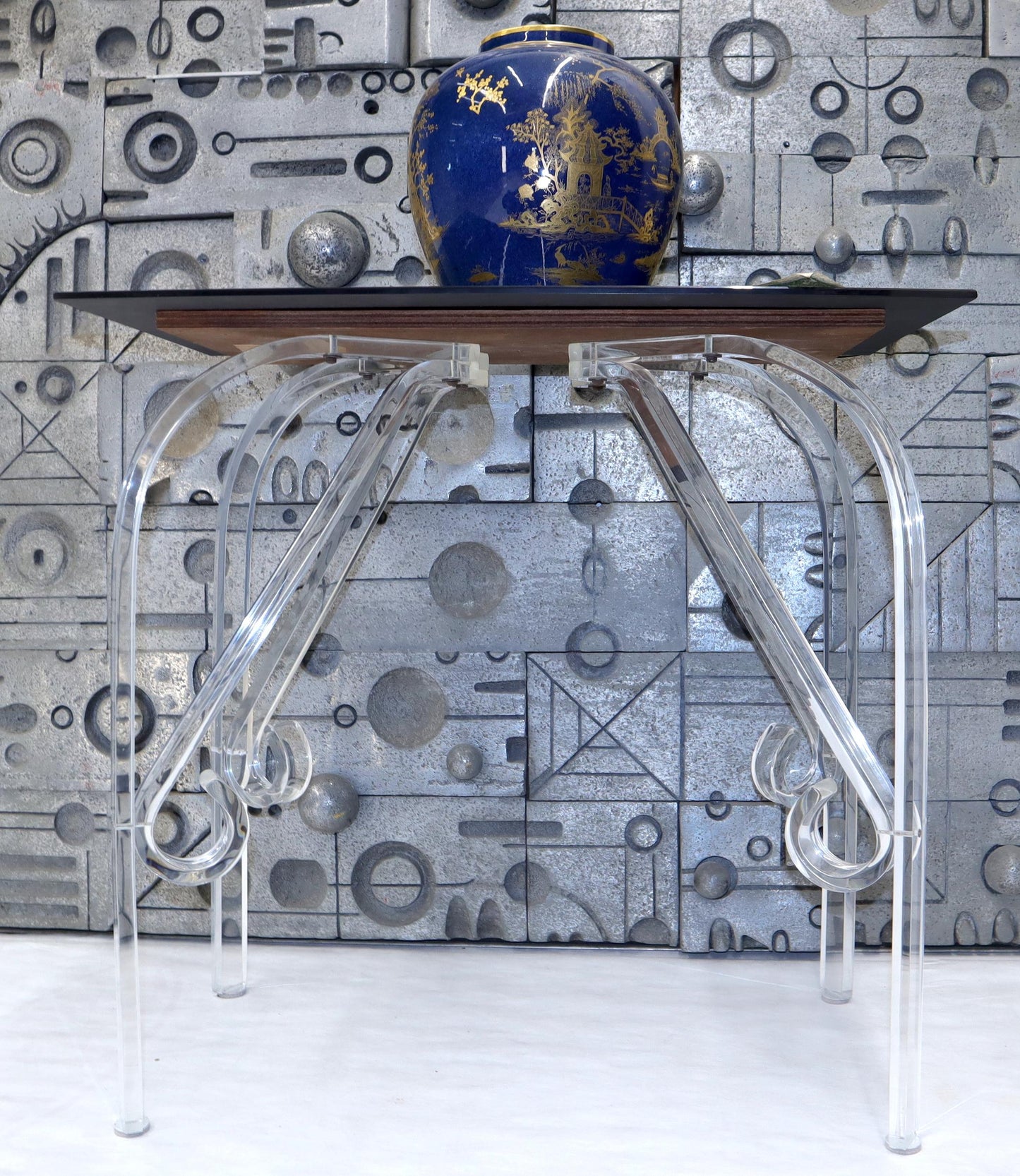 EstablishedLines Bent Lucite Legs Black Smoked Glass Top Side End Table