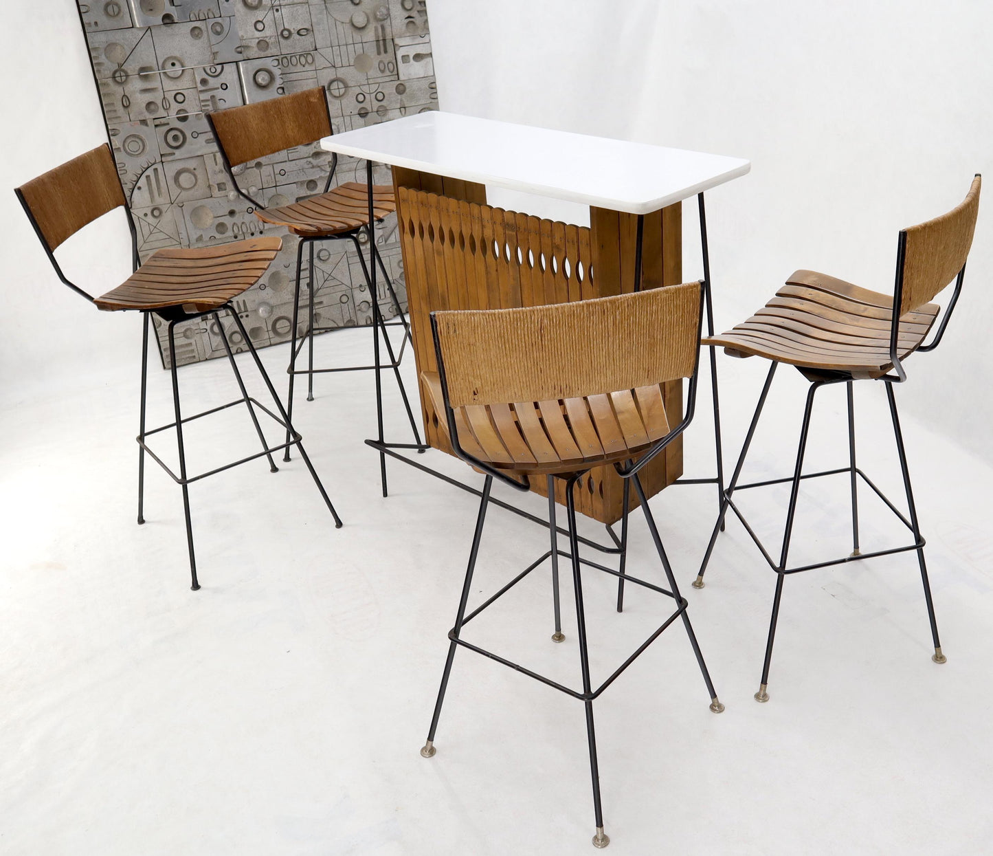 EstablishedLines Arthur Umanoff Set of 4 Rattan Wrought Iron Bar Stools with Matching Bar