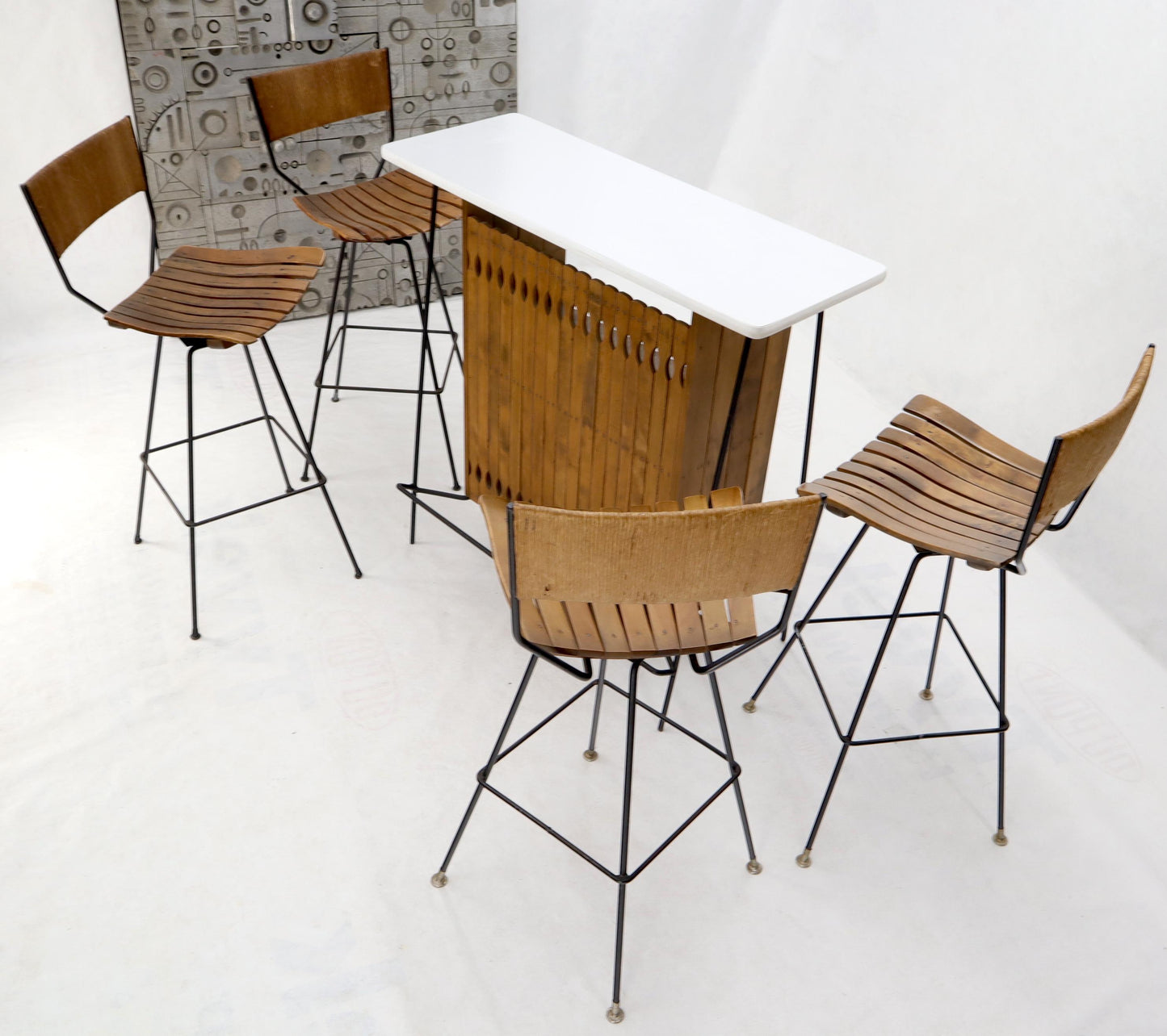 EstablishedLines Arthur Umanoff Set of 4 Rattan Wrought Iron Bar Stools with Matching Bar