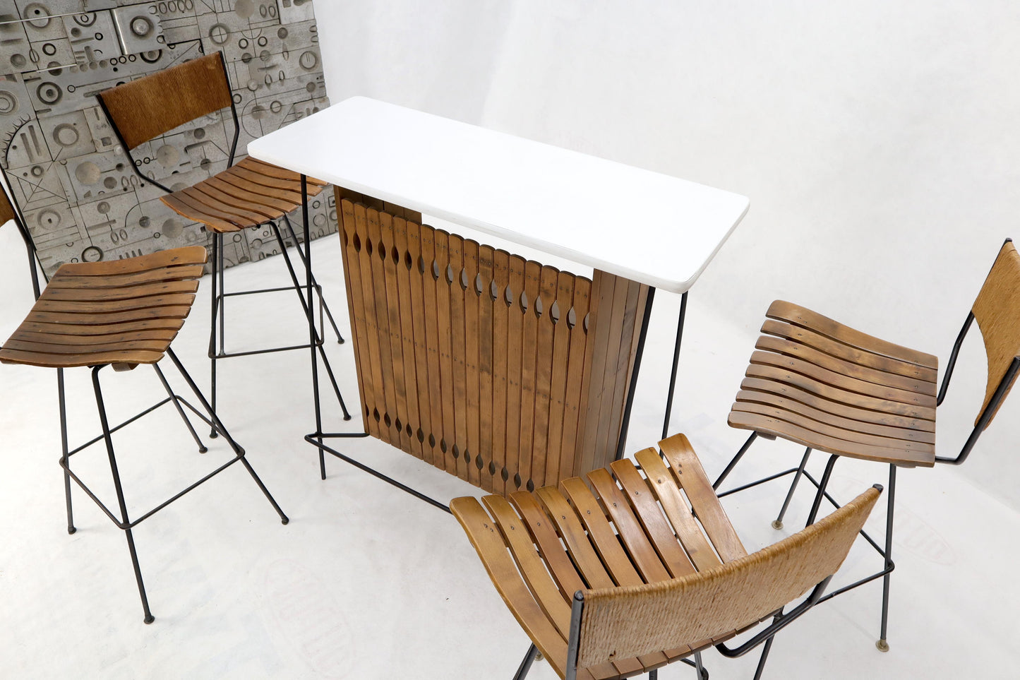 EstablishedLines Arthur Umanoff Set of 4 Rattan Wrought Iron Bar Stools with Matching Bar