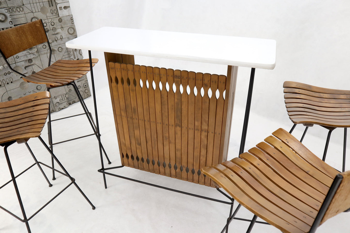 EstablishedLines Arthur Umanoff Set of 4 Rattan Wrought Iron Bar Stools with Matching Bar