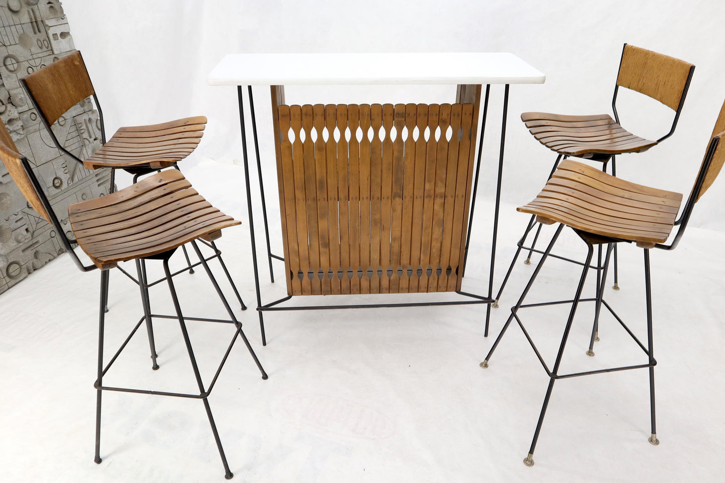 EstablishedLines Arthur Umanoff Set of 4 Rattan Wrought Iron Bar Stools with Matching Bar