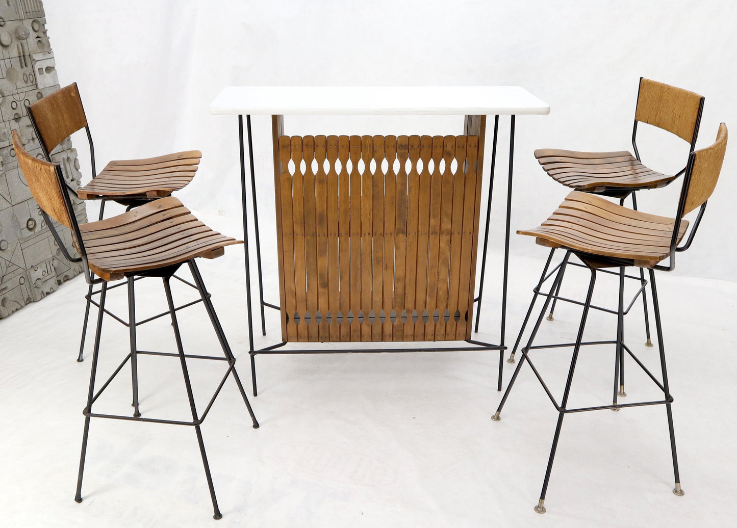 EstablishedLines Arthur Umanoff Set of 4 Rattan Wrought Iron Bar Stools with Matching Bar