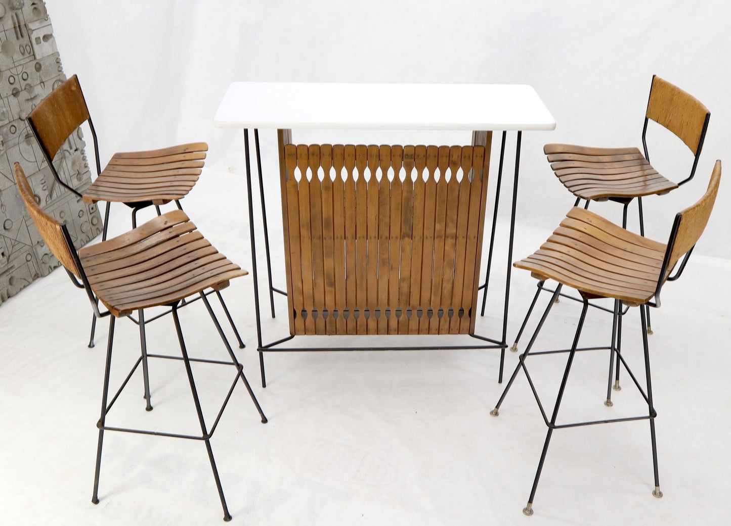 EstablishedLines Arthur Umanoff Set of 4 Rattan Wrought Iron Bar Stools with Matching Bar