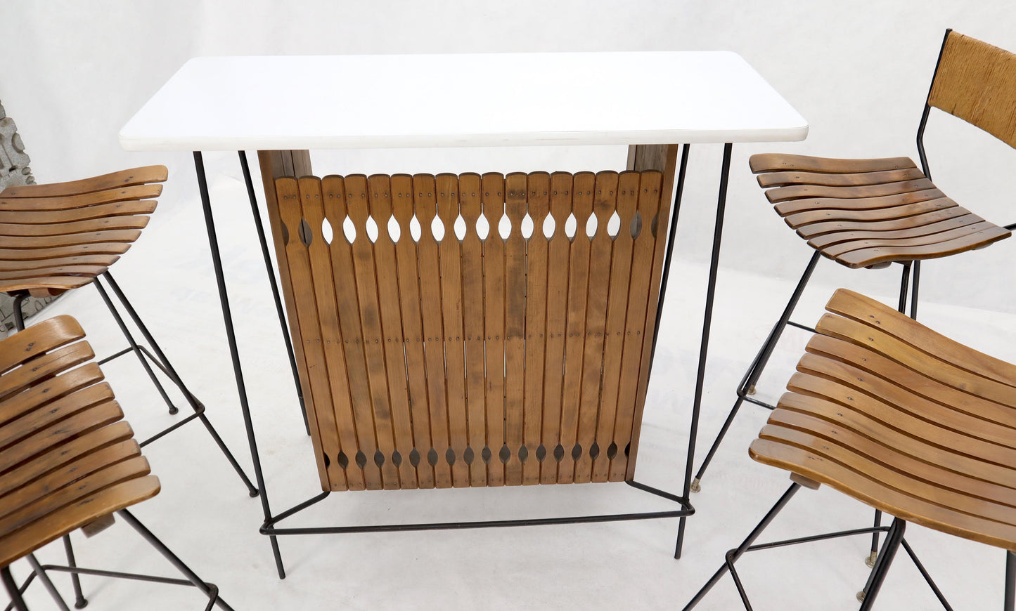 EstablishedLines Arthur Umanoff Set of 4 Rattan Wrought Iron Bar Stools with Matching Bar