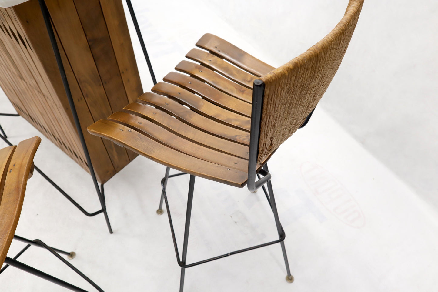 EstablishedLines Arthur Umanoff Set of 4 Rattan Wrought Iron Bar Stools with Matching Bar
