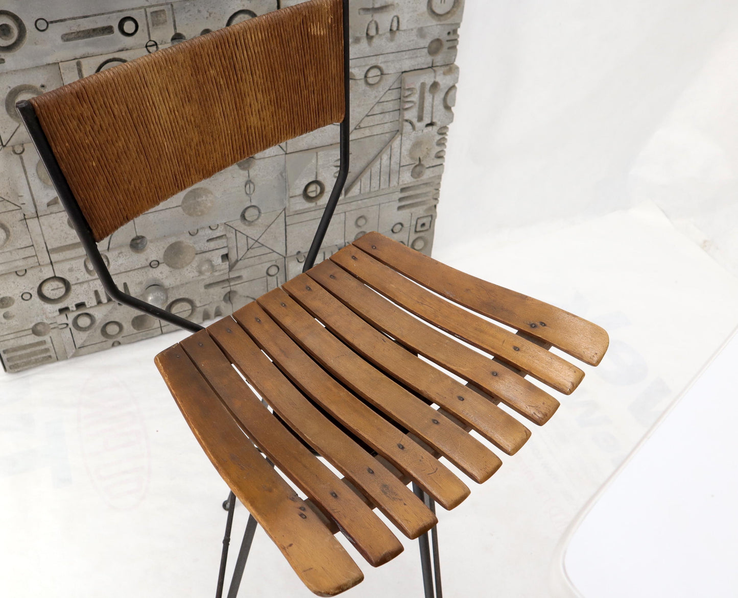 EstablishedLines Arthur Umanoff Set of 4 Rattan Wrought Iron Bar Stools with Matching Bar