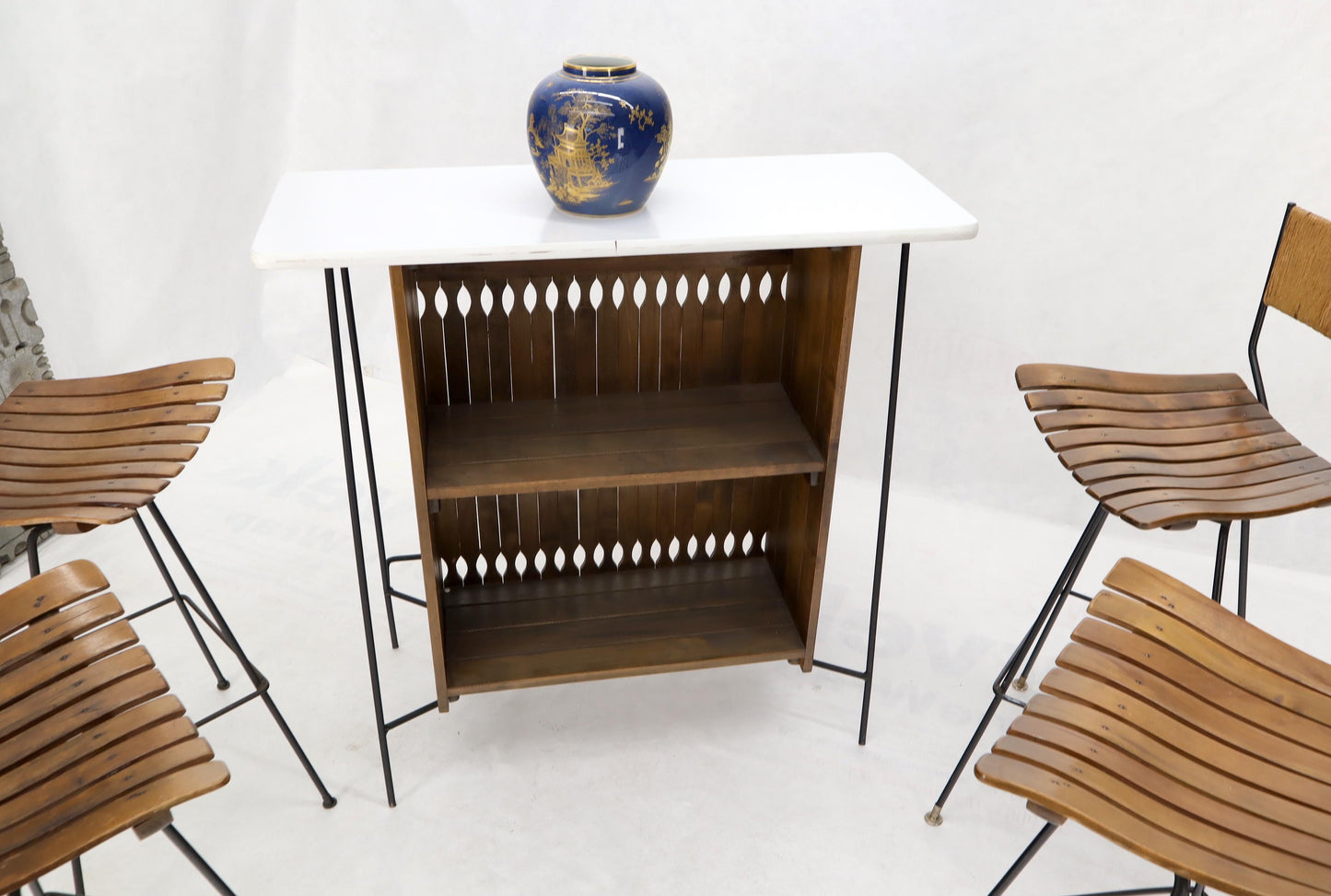 EstablishedLines Arthur Umanoff Set of 4 Rattan Wrought Iron Bar Stools with Matching Bar