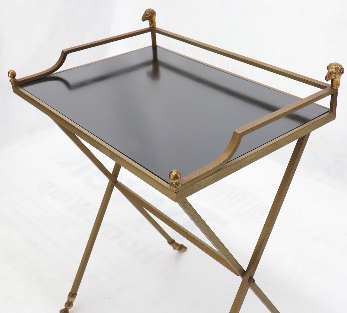 EstablishedLines Chrome and Brass X Base Console w/ Gallery Rams Heads Hoof Feet Black Lamiante