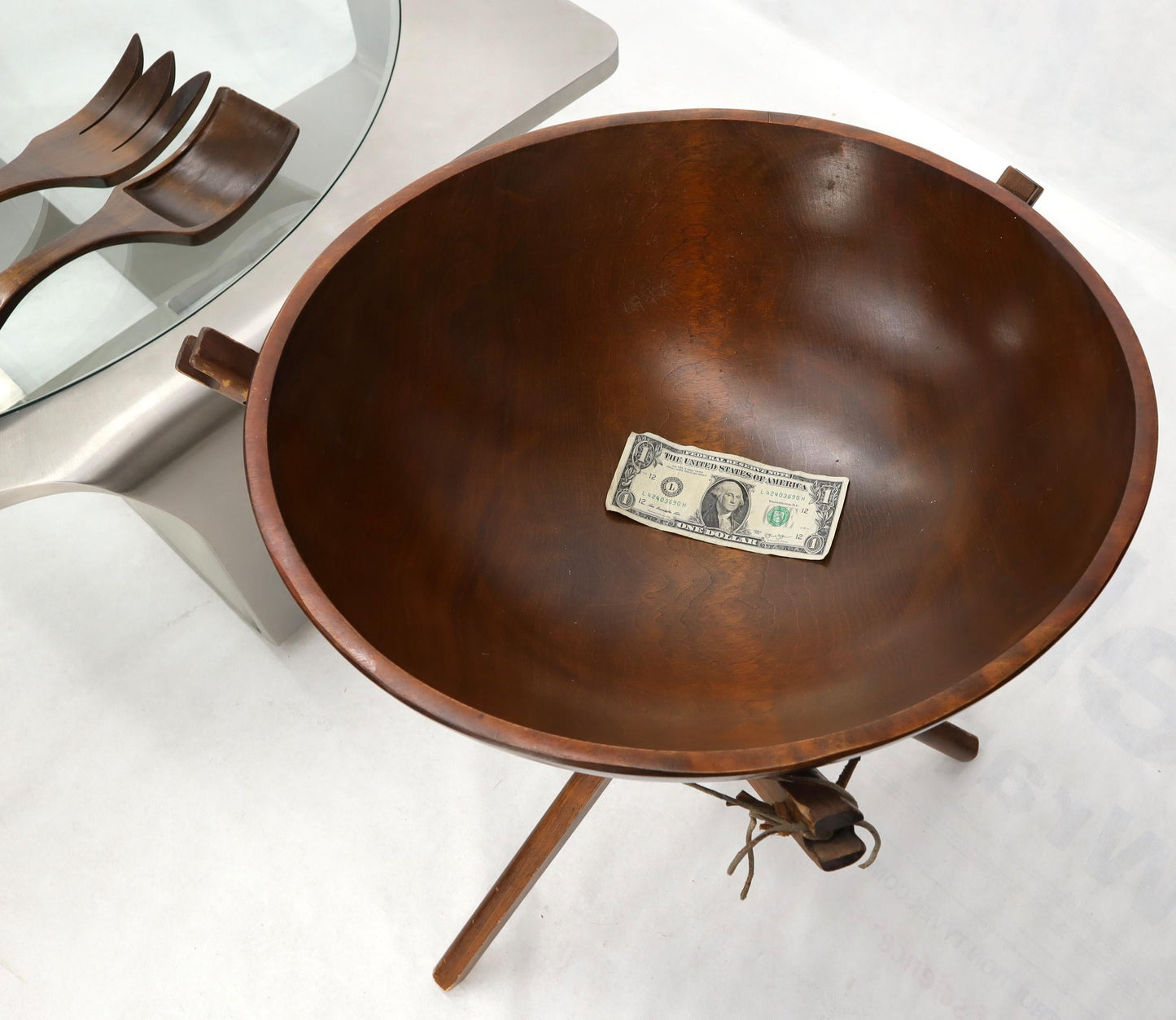 EstablishedLines Extra Large Turned Teak Wood Salad Bowl on Tripod Stand