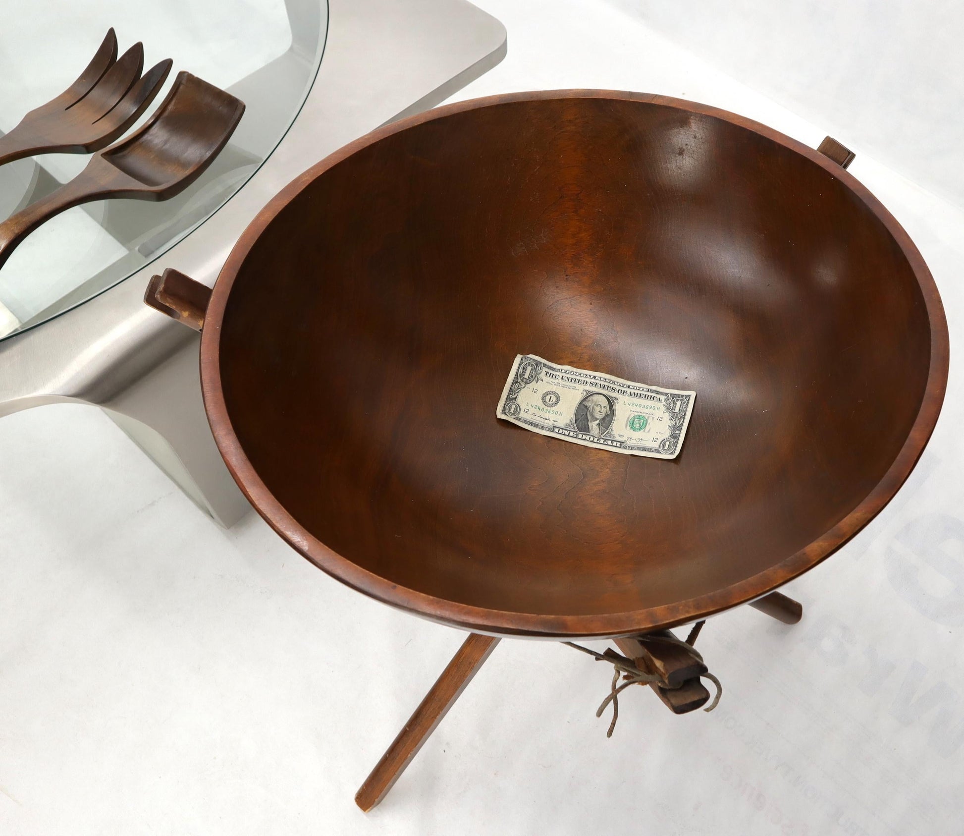 EstablishedLines Extra Large Turned Teak Wood Salad Bowl on Tripod Stand