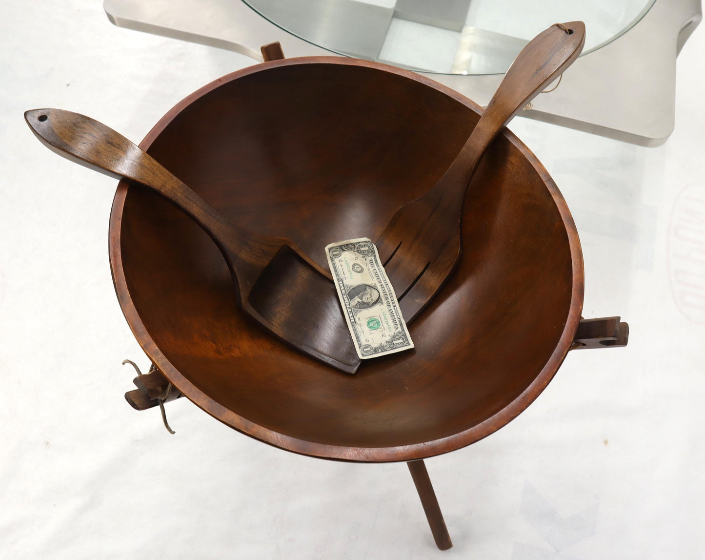 EstablishedLines Extra Large Turned Teak Wood Salad Bowl on Tripod Stand