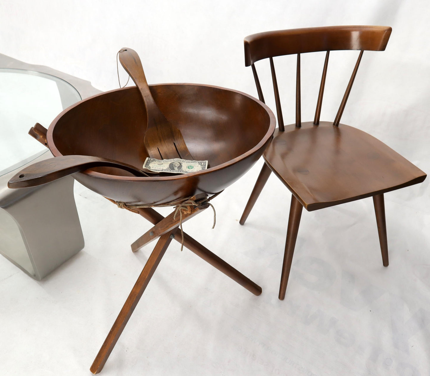 EstablishedLines Extra Large Turned Teak Wood Salad Bowl on Tripod Stand