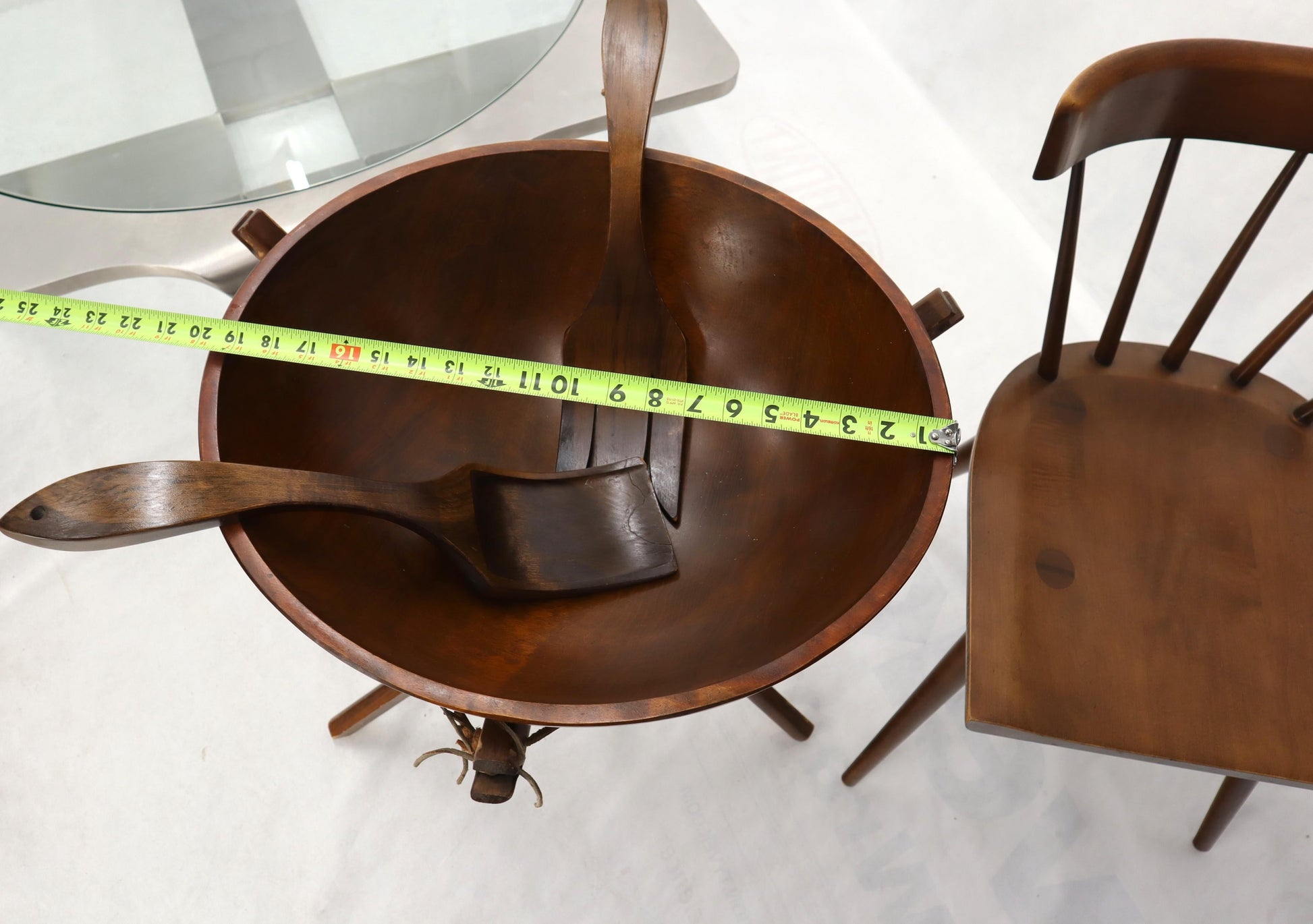 EstablishedLines Extra Large Turned Teak Wood Salad Bowl on Tripod Stand