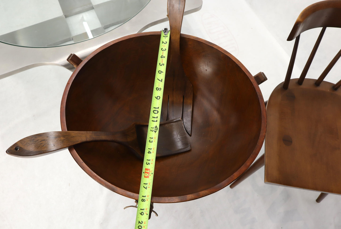 EstablishedLines Extra Large Turned Teak Wood Salad Bowl on Tripod Stand