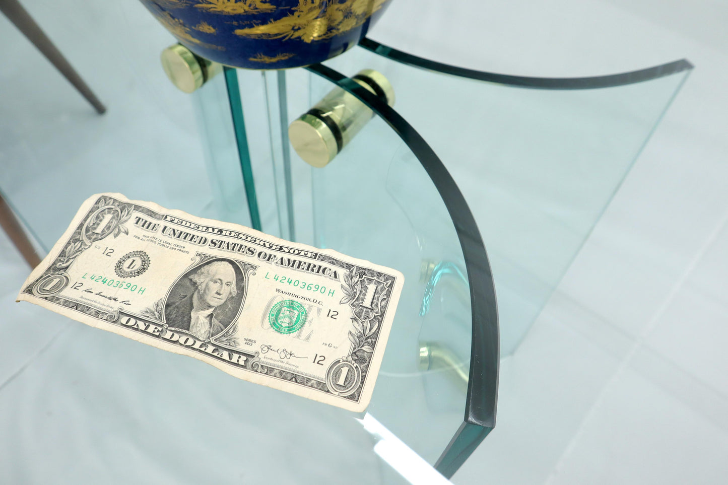 EstablishedLines Curved Glass Base Brass Stretchers Glass Top Side Console Table