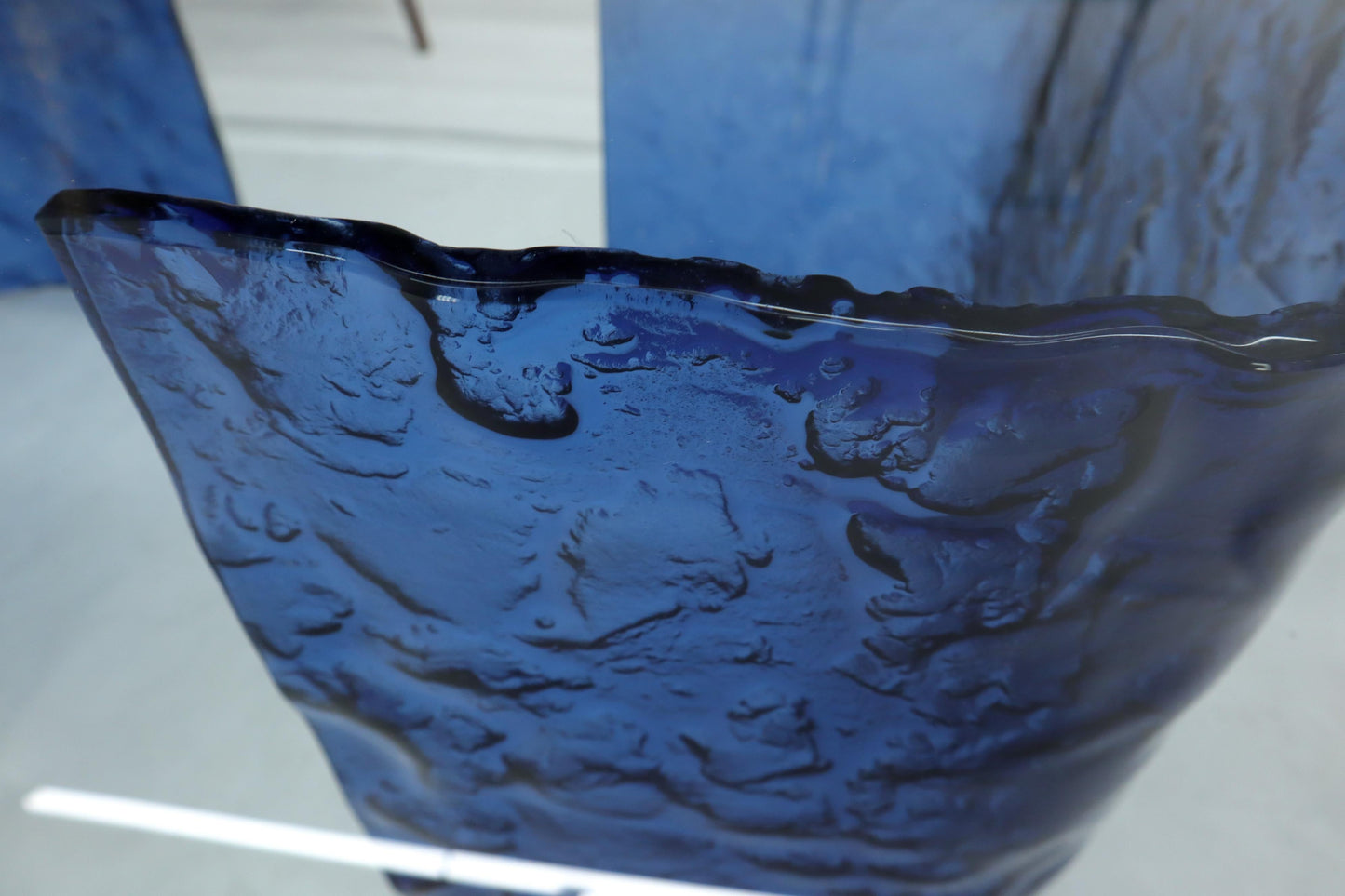 EstablishedLines Large Blue Molten & Bent Glass C-Shape Base Glass Top Coffee Table