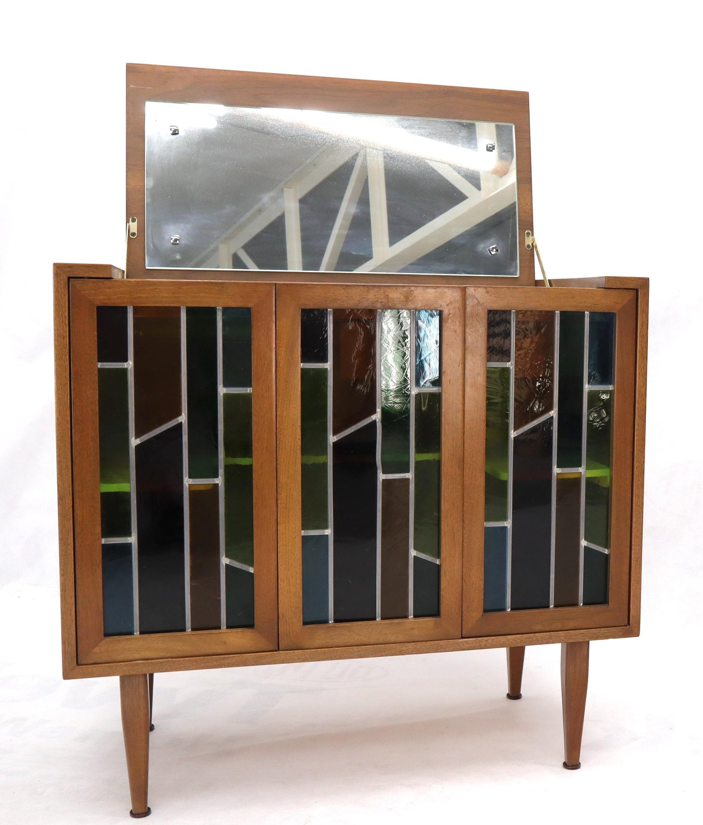 EstablishedLines Pair of Two Non Matching Pair Walnut Liquor and Storage Cabinets Stained Glass