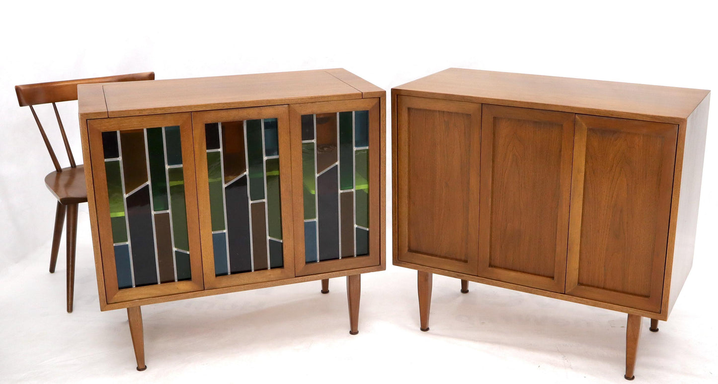EstablishedLines Pair of Two Non Matching Pair Walnut Liquor and Storage Cabinets Stained Glass
