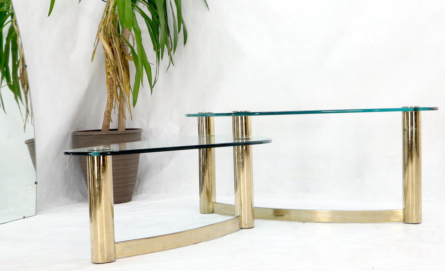 EstablishedLines Two-Tier "L" Shape Glass and Brass Organic Kidney Shape Coffee Table