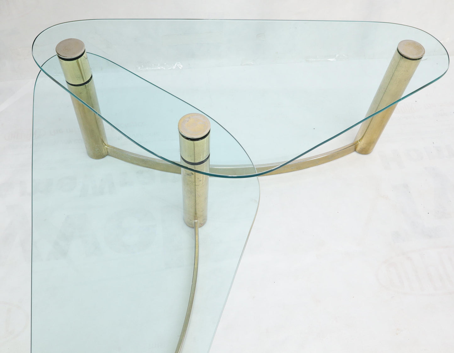 EstablishedLines Two-Tier "L" Shape Glass and Brass Organic Kidney Shape Coffee Table