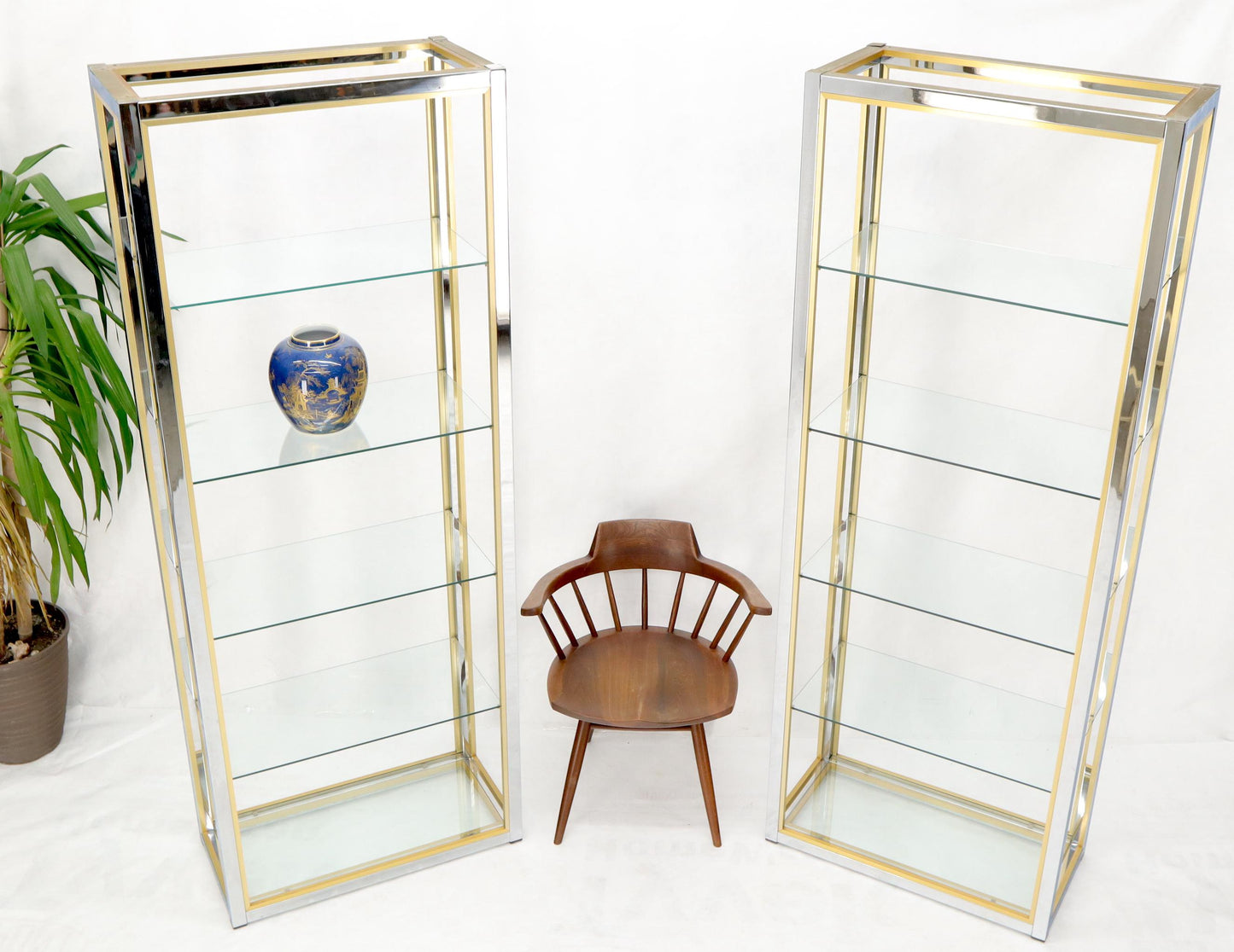 EstablishedLines Pair of Chrome Brass and Glass Mid-Century Modern Étagères