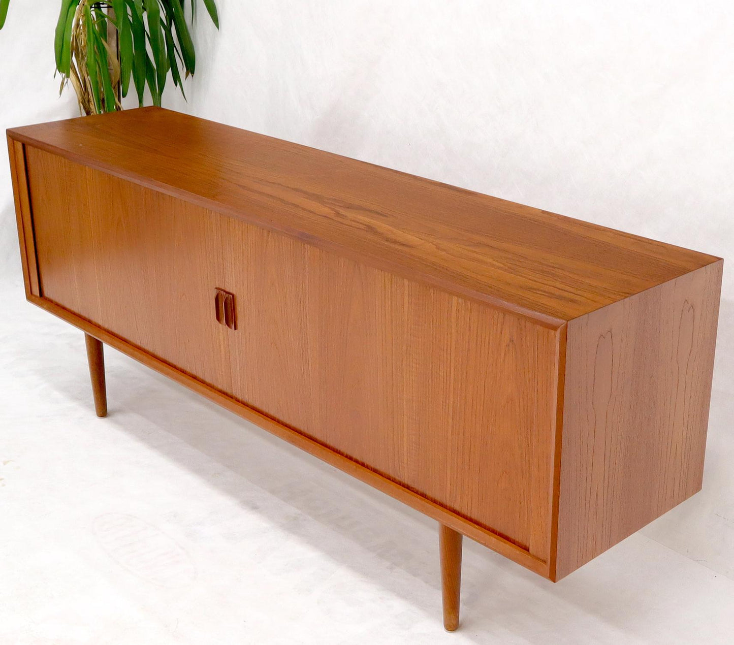 EstablishedLines Danish Teak Tambour Doors Long Credenza Dresser Server with Glass Doors Hutch