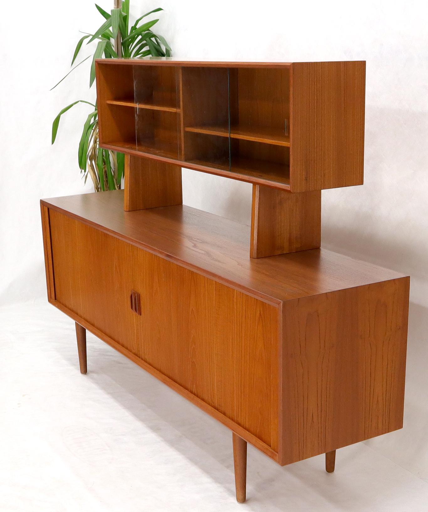 EstablishedLines Danish Teak Tambour Doors Long Credenza Dresser Server with Glass Doors Hutch