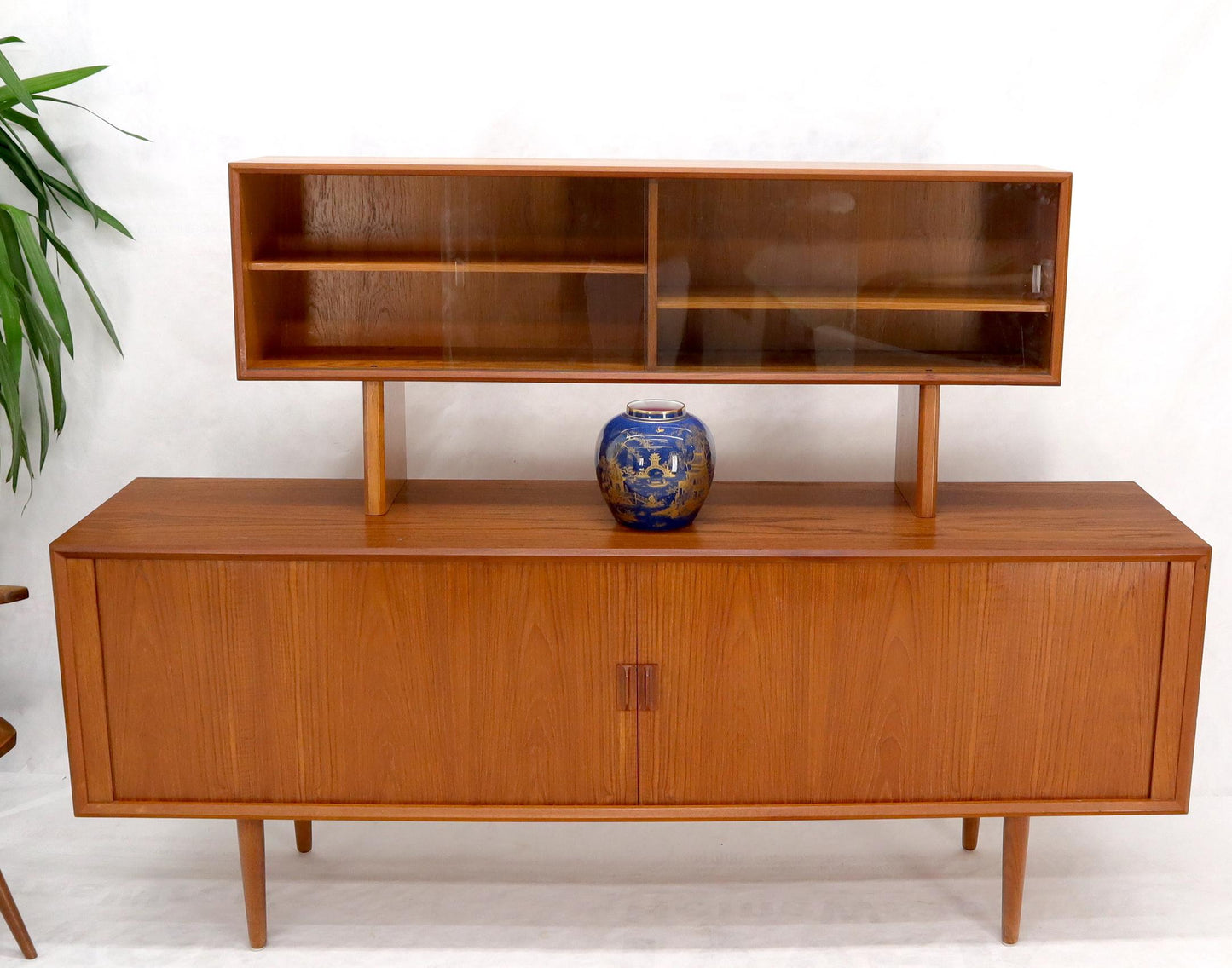 EstablishedLines Danish Teak Tambour Doors Long Credenza Dresser Server with Glass Doors Hutch