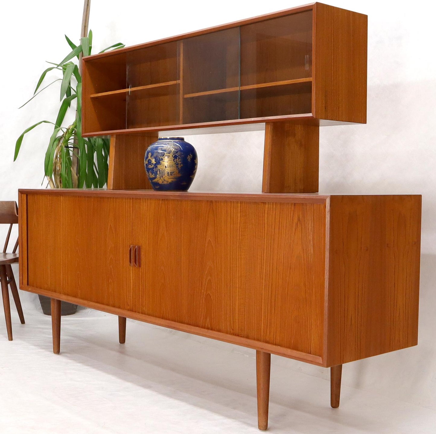 EstablishedLines Danish Teak Tambour Doors Long Credenza Dresser Server with Glass Doors Hutch