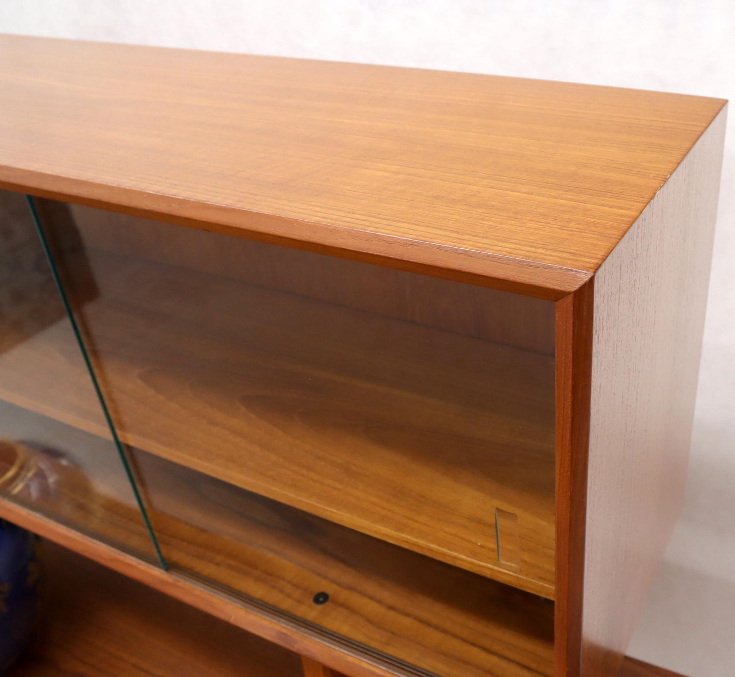 EstablishedLines Danish Teak Tambour Doors Long Credenza Dresser Server with Glass Doors Hutch