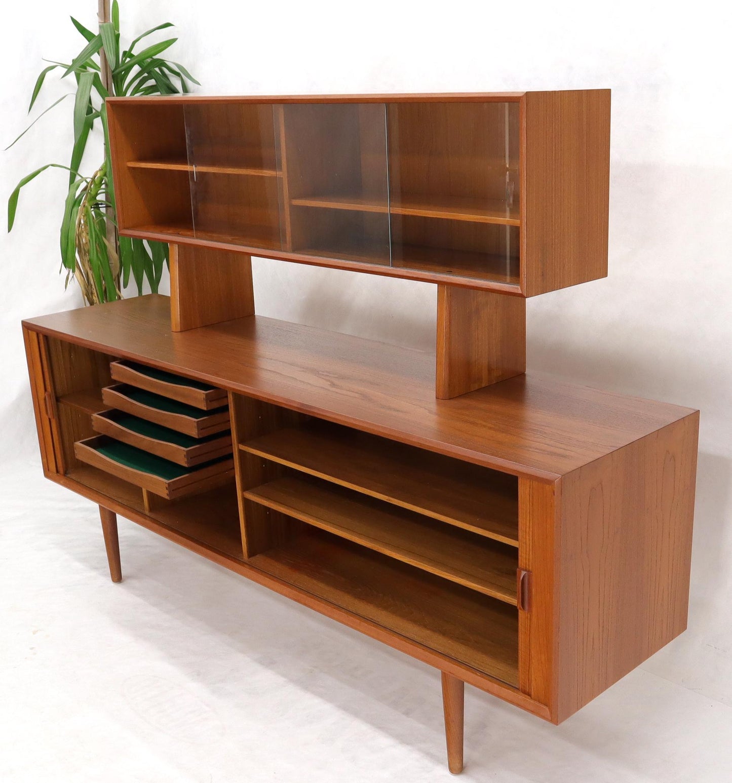 EstablishedLines Danish Teak Tambour Doors Long Credenza Dresser Server with Glass Doors Hutch