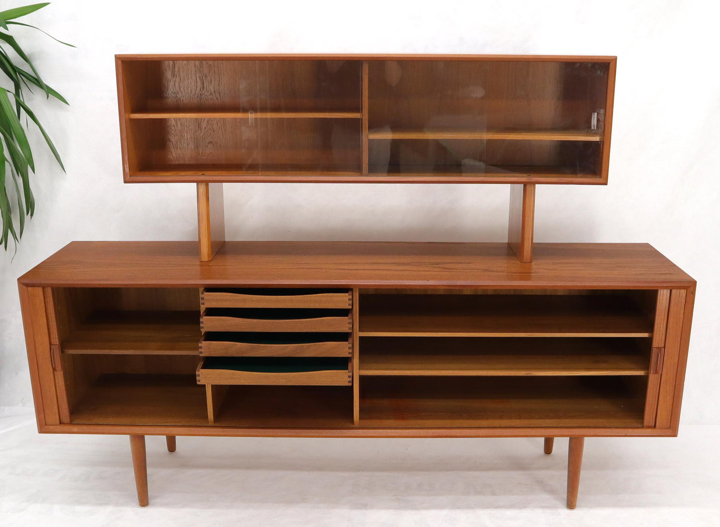 EstablishedLines Danish Teak Tambour Doors Long Credenza Dresser Server with Glass Doors Hutch