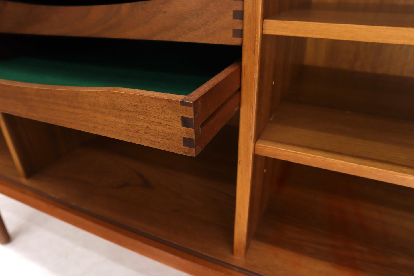 EstablishedLines Danish Teak Tambour Doors Long Credenza Dresser Server with Glass Doors Hutch