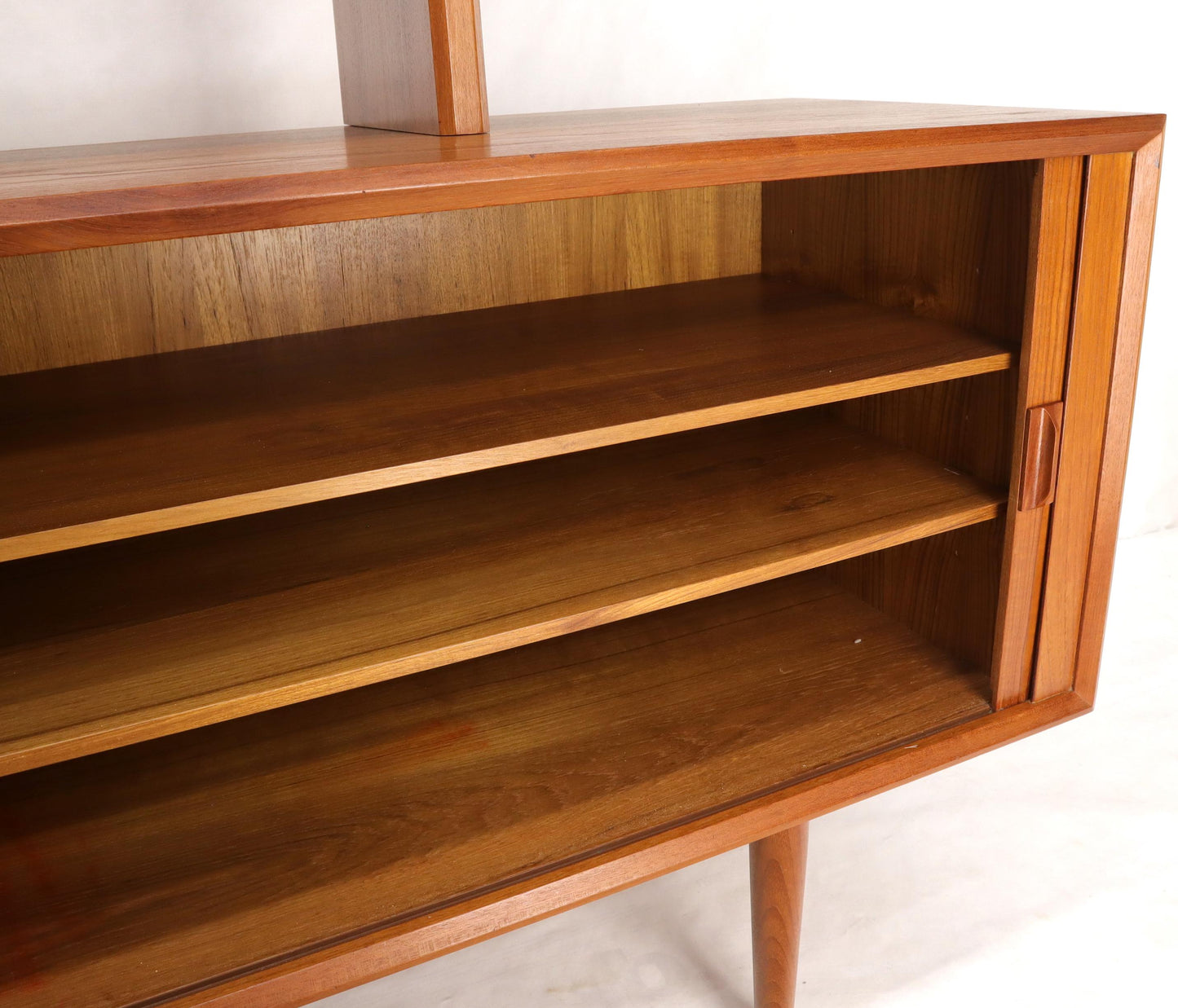 EstablishedLines Danish Teak Tambour Doors Long Credenza Dresser Server with Glass Doors Hutch