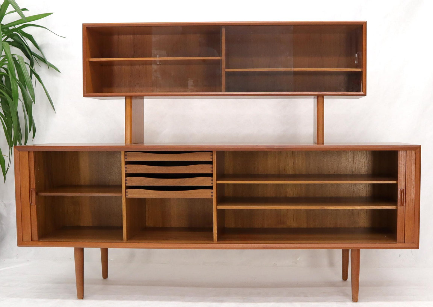 EstablishedLines Danish Teak Tambour Doors Long Credenza Dresser Server with Glass Doors Hutch