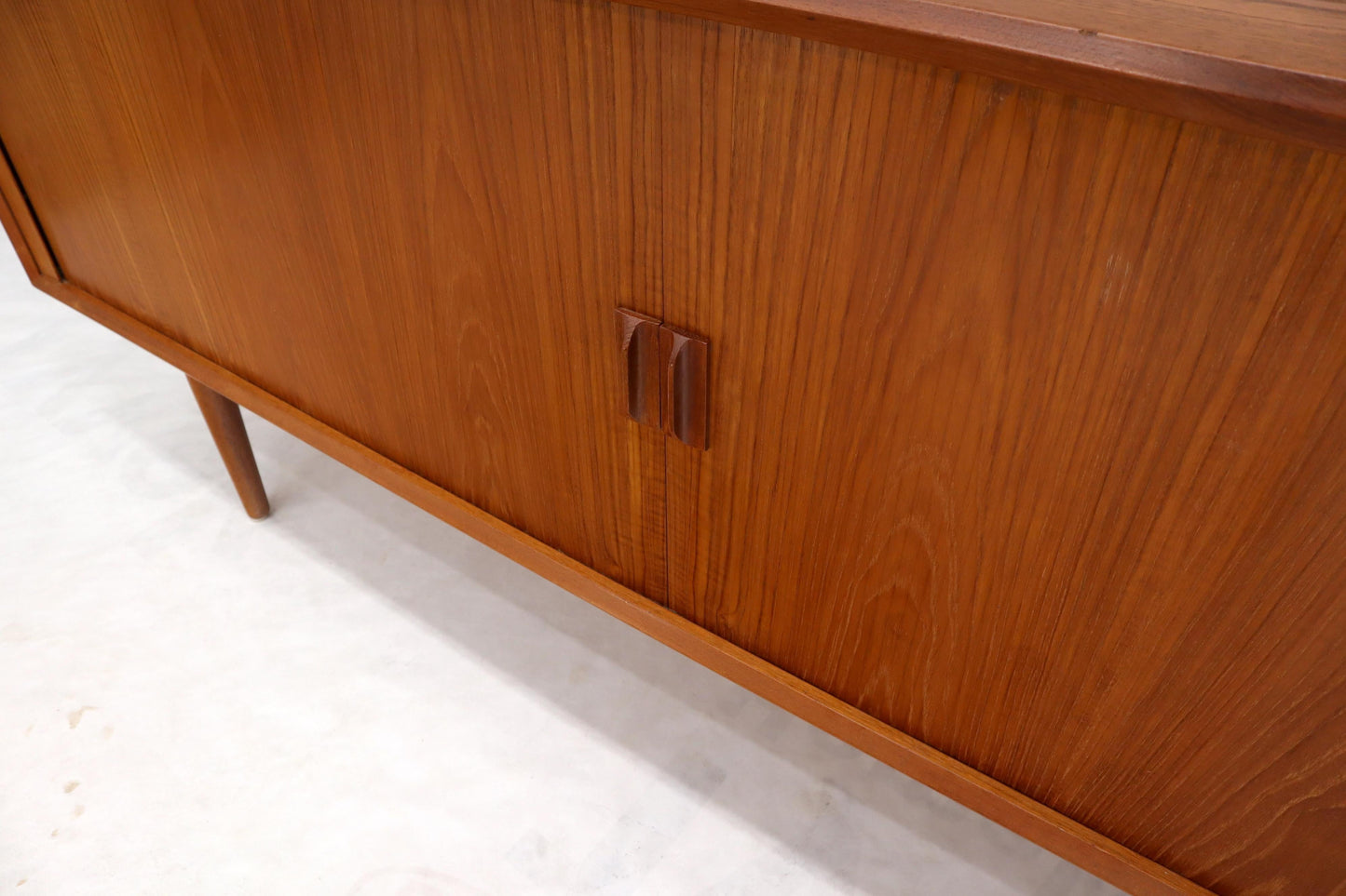 EstablishedLines Danish Teak Tambour Doors Long Credenza Dresser Server with Glass Doors Hutch