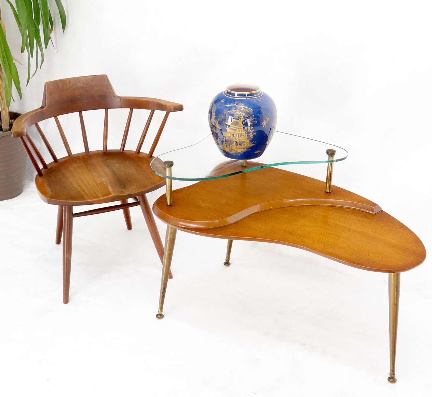 EstablishedLines Kidney Comma Shape Two Tier Glass Walnut & Brass Conical Leg Coffee Side Table